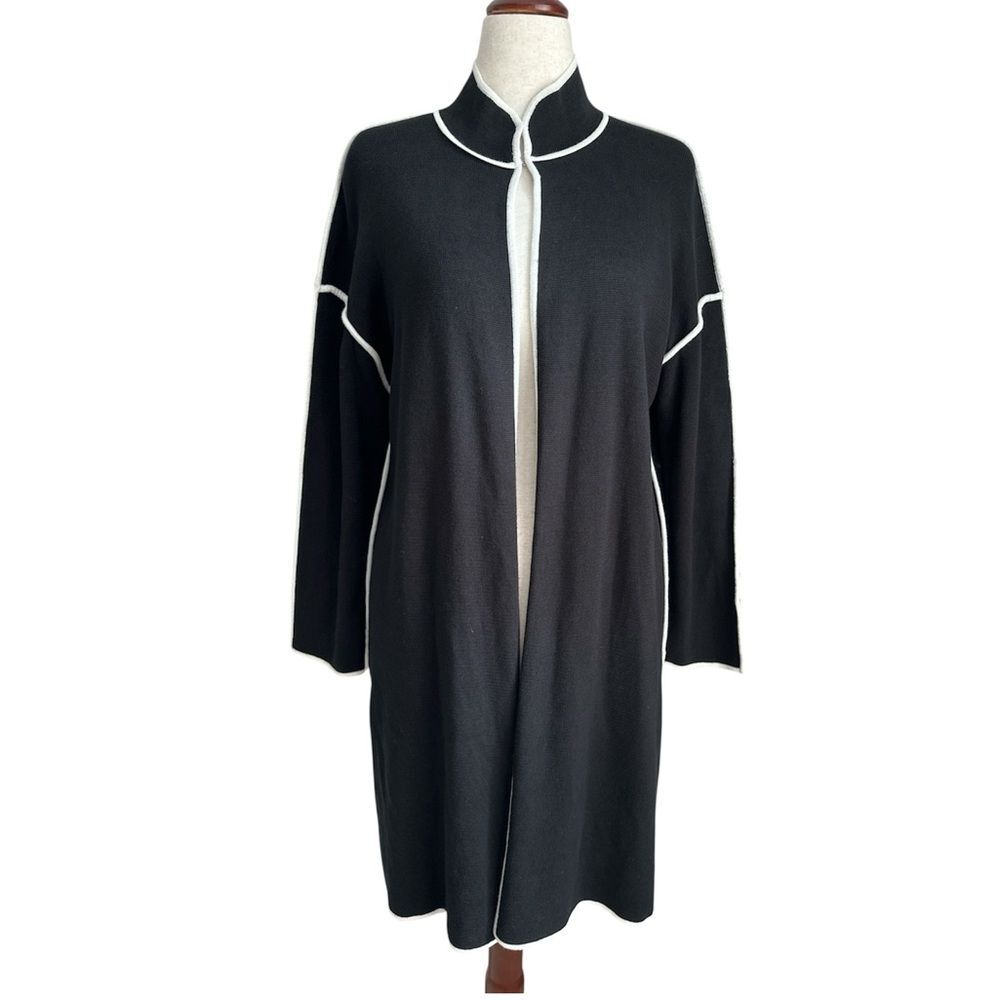 MarlaWynne Black Open Front Knit Cardigan Jacket Contrast White Trim Size M NWT